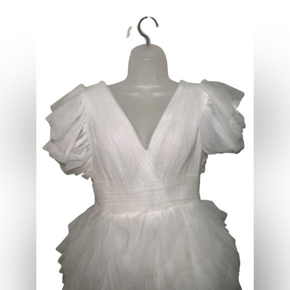 Mac Duggal White Tulle Ruffle Mini Dress 20505 Flutter Sleeve V-Neck Size 6 NWT - Picture 4 of 5